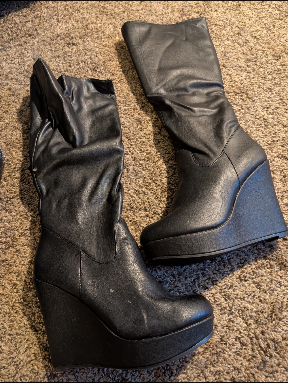 Material Girl Black Wedge Knee-High Heeled Boots
